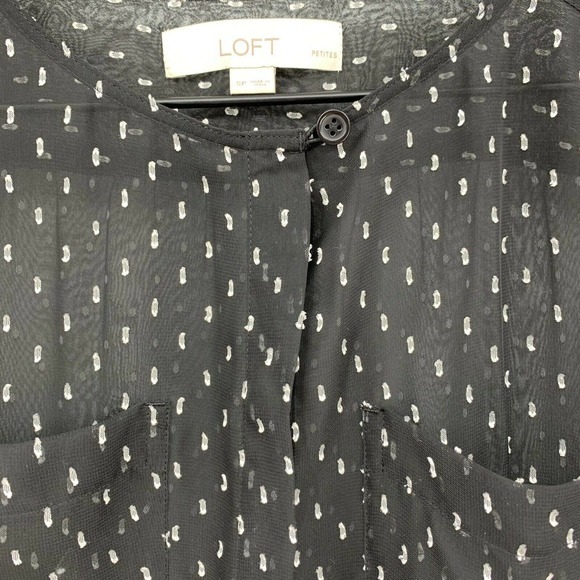 Loft Petite Utility Blouse SP Black Chiffon Sheer White Dot Minimalist Office - Picture 5 of 8